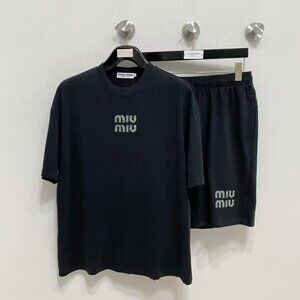 Miu Miu Black Rhinestone Logo Short-Sleeve T-Shirt + Shorts Set, Size L